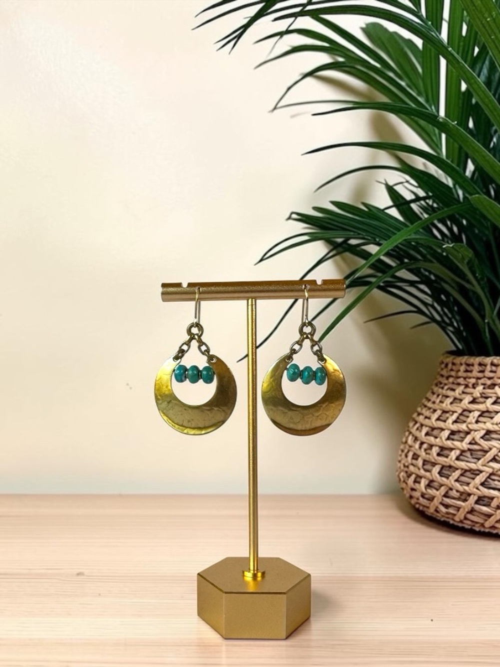 Vintage Marjorie Baer MB SF Brass Turquoise Bead Dangle Earrings